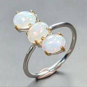 Natural Opal 3 stone Ring in 925 Sterling Silver Size 7
